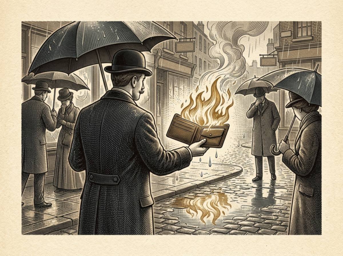 Engraving of a rainy Victorian street where a gentleman in a bowler hat, seen from behind, holds an umbrella in one hand and an open wallet bursting into flames in the other while passersby under umbrellas stare.