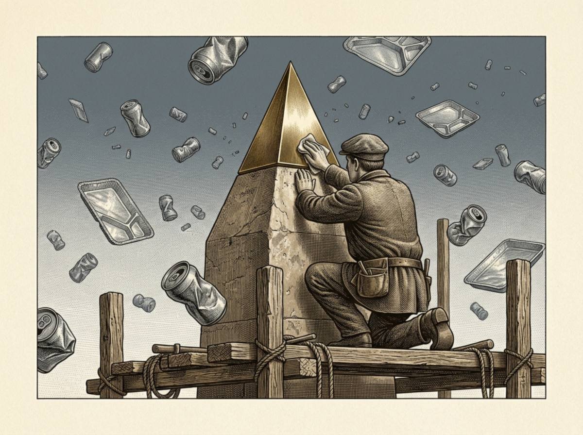Engraving of a workman on scaffolding polishing a small gleaming metal pyramid at the tip of a stone obelisk, while crushed drink cans and foil TV-dinner trays float through the sky around him.