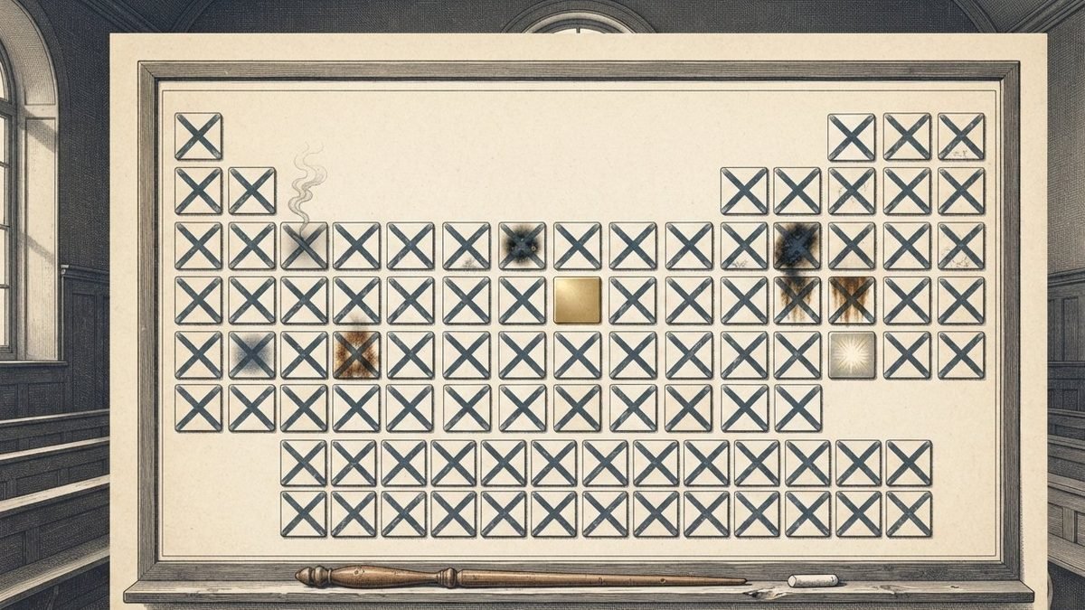 An engraving of a periodic table chart on the wall of an old lecture hall. Every tile is blank and crossed out with a chalk X, several of them singed, smoking or rusted, and one glowing faintly, except a single tile near the middle left untouched in gold. A wooden pointer and a stub of chalk rest on the ledge below.