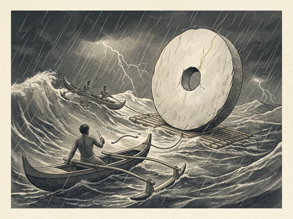 Engraving of a stormy Pacific at night: a man in an outrigger canoe has just cut a rope with a knife, and a giant limestone disc with a hole through its center tilts on a bamboo raft among towering waves.