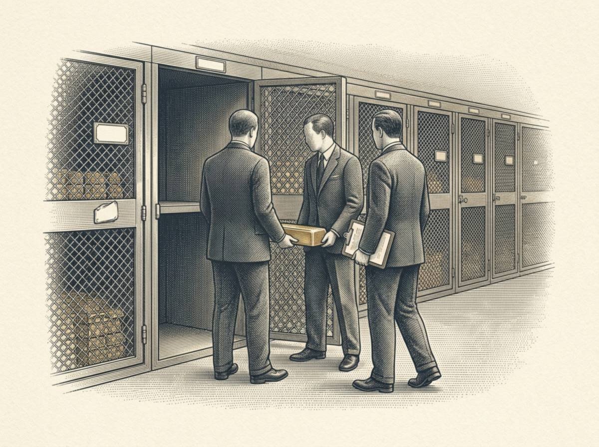 Engraving of three men in 1930s suits in an underground vault lined with mesh-fronted cages, solemnly carrying a single gold bar from one cage to the next while one holds a clipboard.