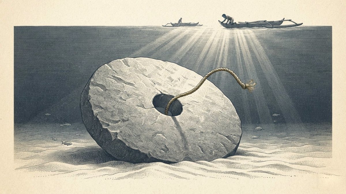 A huge plain limestone disc with a hole through its center lies half buried on the seabed, engraved, a snapped fiber rope still threaded through the hole, with two outrigger canoes silhouetted on the surface far above.