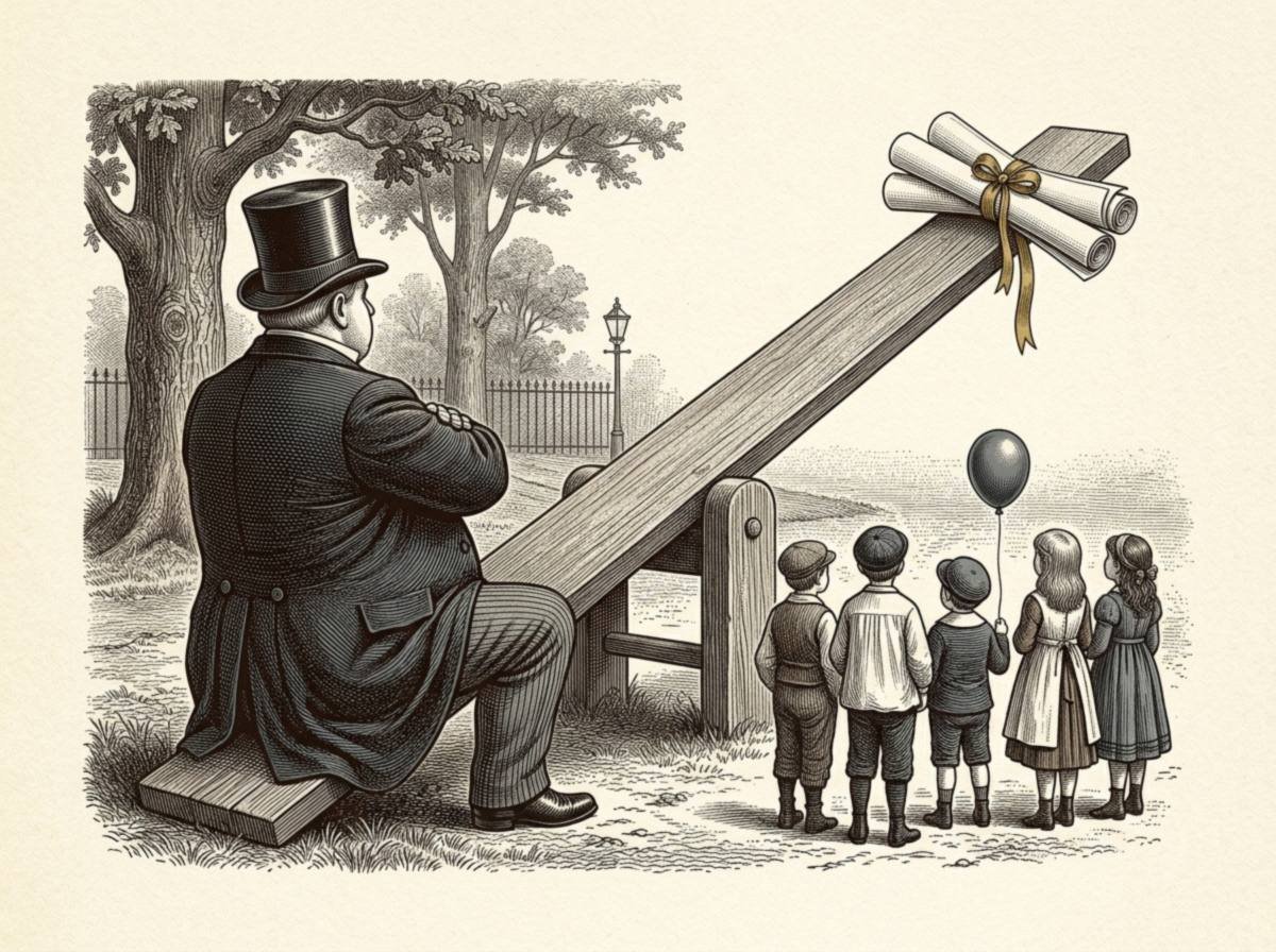 Engraving of a Victorian park where a heavy banker in a top hat sits on one end of a seesaw, pinning it to the ground, while a ribbon-tied bundle of bond certificates is stuck high in the air at the other end and children watch.