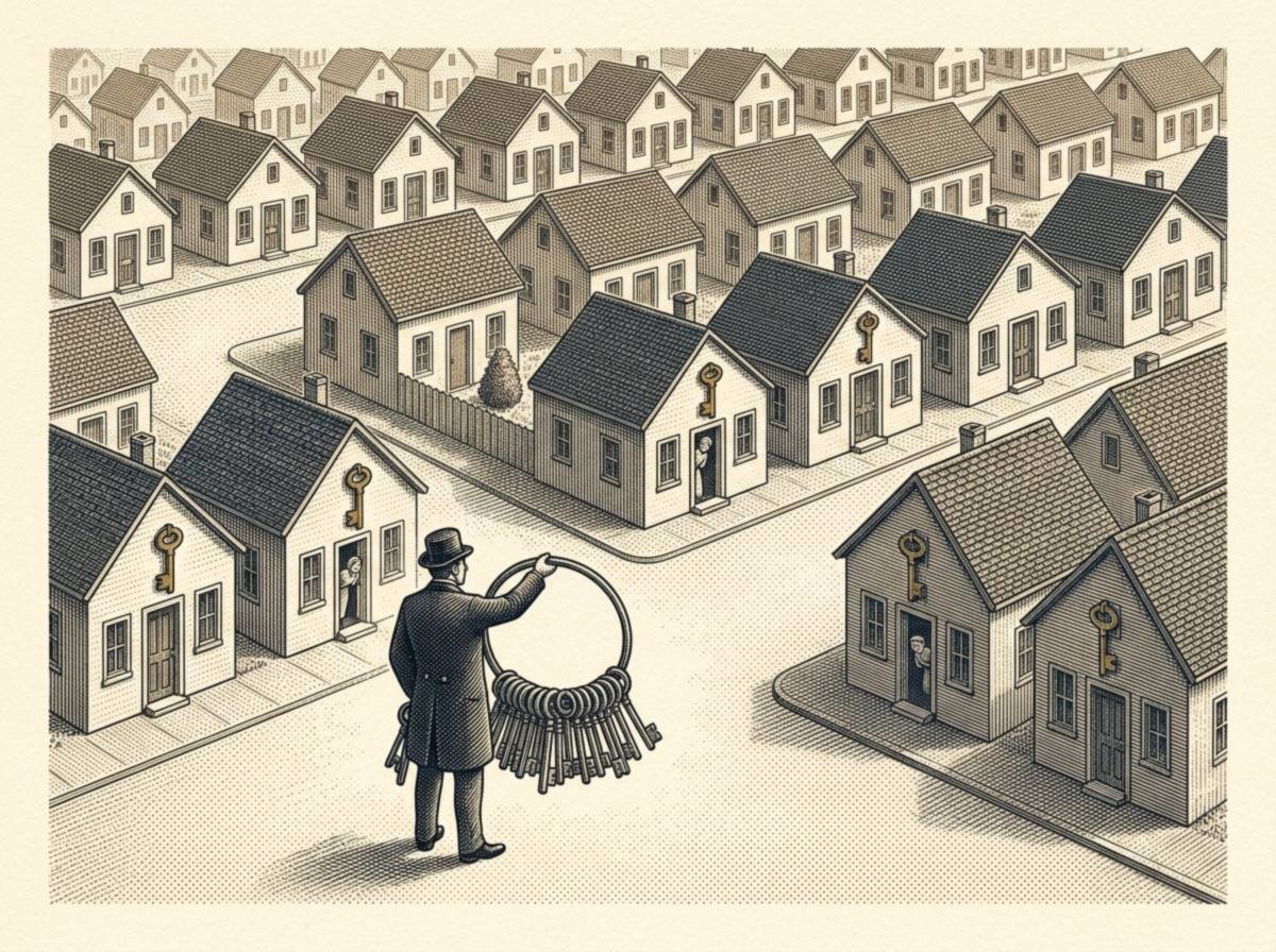 Engraving of a tidy town of identical small houses, about half of them with a gold key hanging over the door, while one well-dressed figure in the square holds up an enormous ring of keys and residents peek out of their doorways.