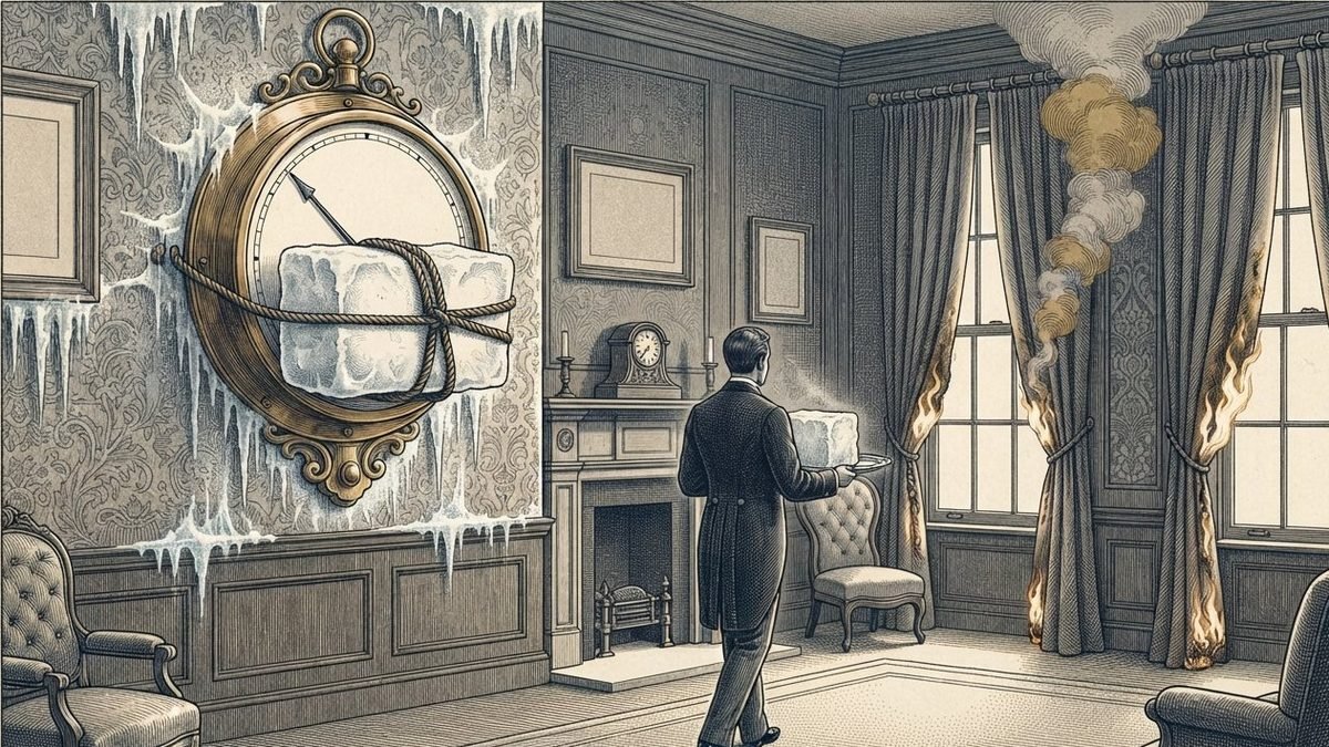 An engraving of a Victorian parlor. On the left wall, a large brass gauge with a blank dial is strapped with rope to a huge block of dry ice, icicles and frost spreading down the wallpaper. On the right, both window curtains are on fire, smoke rolling up to the ceiling. In the middle of the room a butler, seen from behind, walks calmly away from the fire carrying a second block of ice on a silver tray.