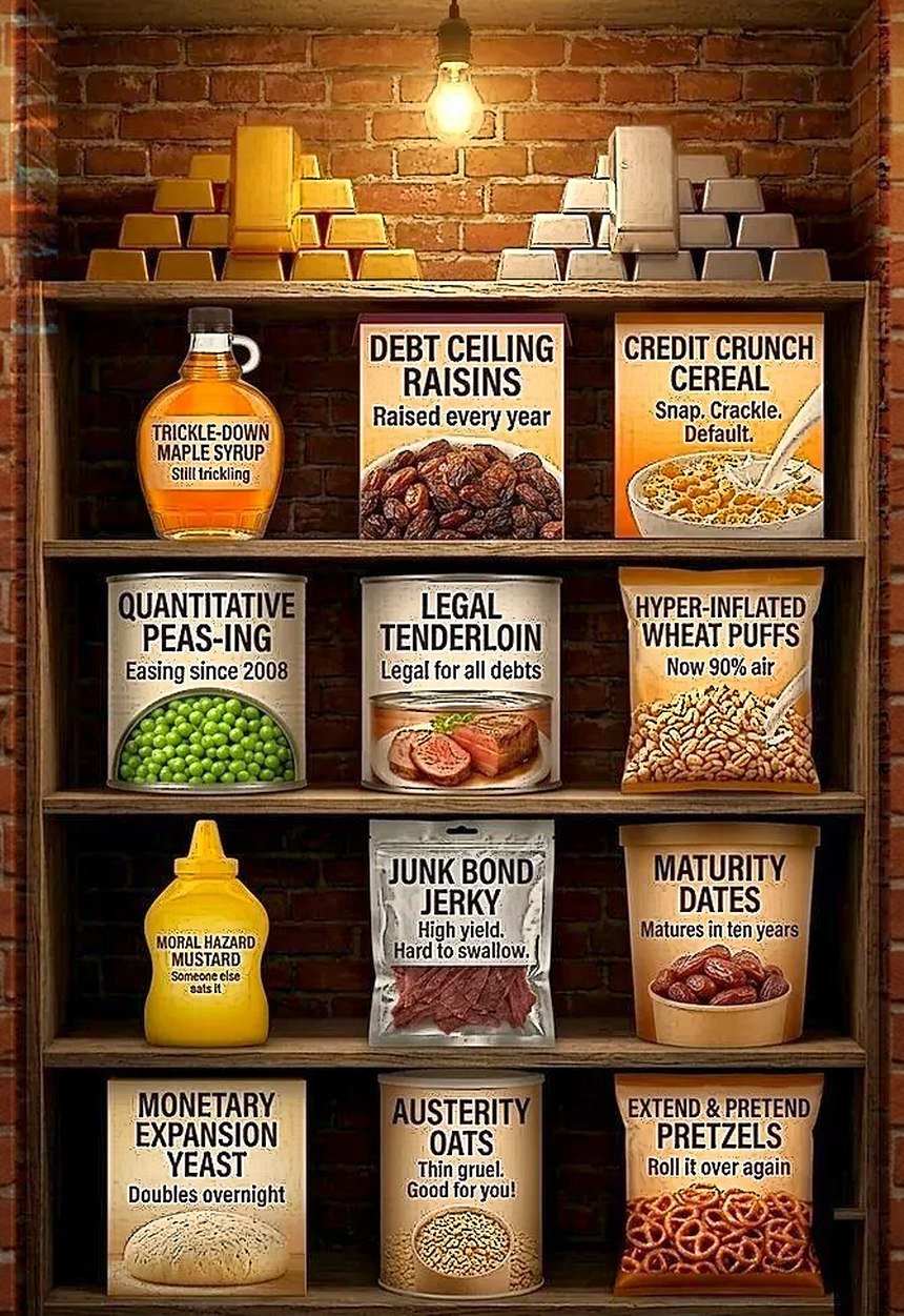 A basement pantry lit by bare bulbs: four wooden shelves of tinned and packaged food with satirical monetary labels - Debt Ceiling Raisins, Credit Crunch Cereal, Quantitative Peas-ing, Trickle-Down Maple Syrup, Legal Tenderloin, Hyper-Inflated Wheat Puffs, Junk Bond Jerky, Maturity Dates, Monetary Expansion Yeast, Moral Hazard Mustard, Austerity Oats and Extend & Pretend Pretzels - beneath stacked gold and silver bullion bars. On the brick wall either side: a neon Debasement Basement sign, a calendar open at August 1971 with the 15th circled, a light switch labeled QE whose only settings are ON and MORE ON, a hard hat stencilled SOFT LANDING, a break-glass case containing a money printer, and a fire extinguisher labeled LIQUIDITY.