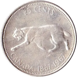1967 Canadian 25 cents with a bobcat and the dates 1867 to 1967, struck in 80% or 50% silver