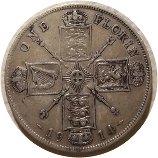 1914 British florin, sterling silver, with four crowned shields arranged in a cross