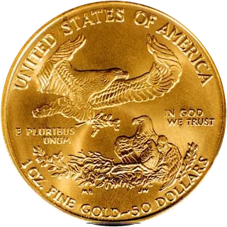 American Gold Eagle, one ounce of gold, showing a family of eagles at the nest and the words 1 oz fine gold 50 dollars