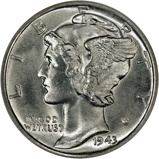 1943 Mercury dime, 90% silver, showing Liberty in a winged cap