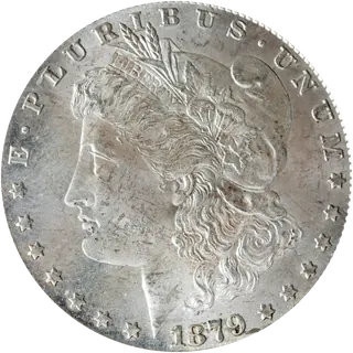 1879 Morgan silver dollar, showing Liberty in profile wearing a cap with wheat and cotton, under the words E Pluribus Unum, with stars around the rim