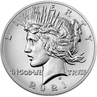 2021 Peace dollar, showing Liberty in a spiked crown above the words In God We Trust, with Liberty across the top