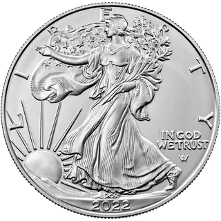 2022 American Silver Eagle, showing Walking Liberty striding toward the rising sun with the word Liberty around the rim