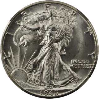 1945 Walking Liberty half dollar, 90% silver, showing Liberty striding toward the rising sun