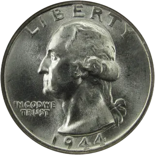 1944 Washington quarter, 90% silver, showing George Washington's profile