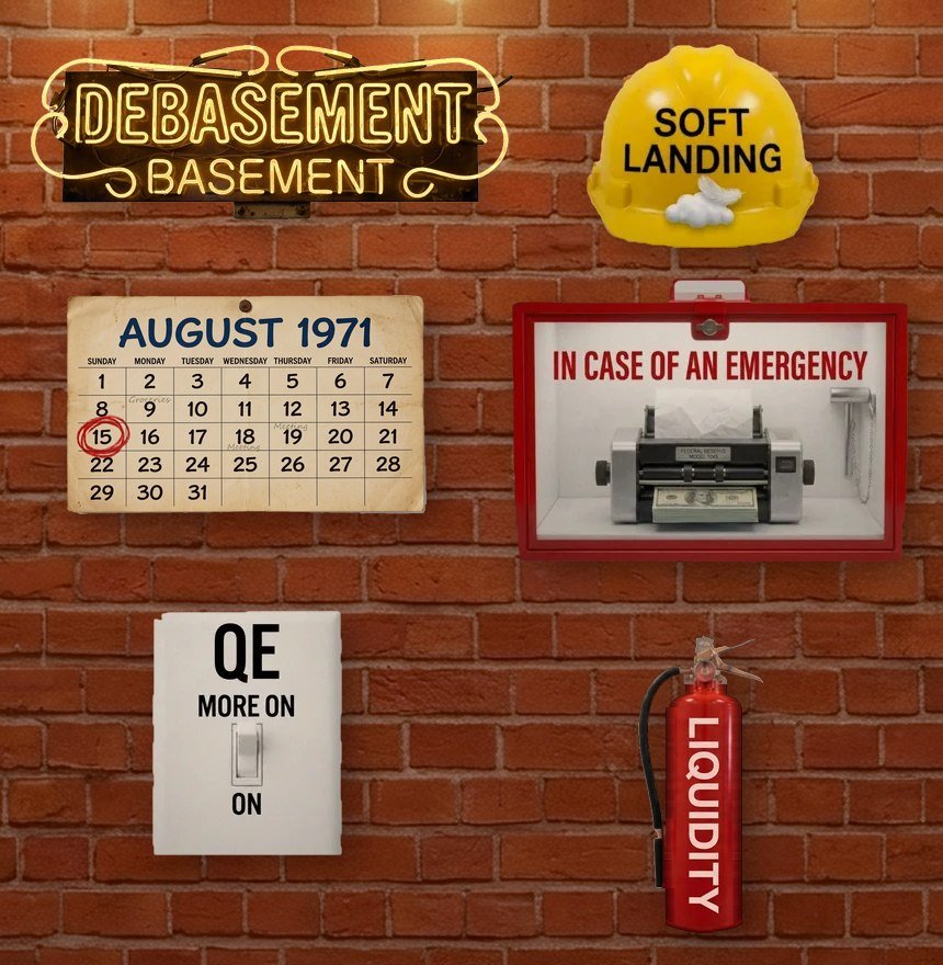 The basement wall either side of the pantry: a neon Debasement Basement sign, a calendar open at August 1971 with the 15th circled, a light switch labeled QE whose only settings are ON and MORE ON, a hard hat stencilled SOFT LANDING, a break-glass case marked IN CASE OF AN EMERGENCY containing a money printer, and a fire extinguisher labeled LIQUIDITY.